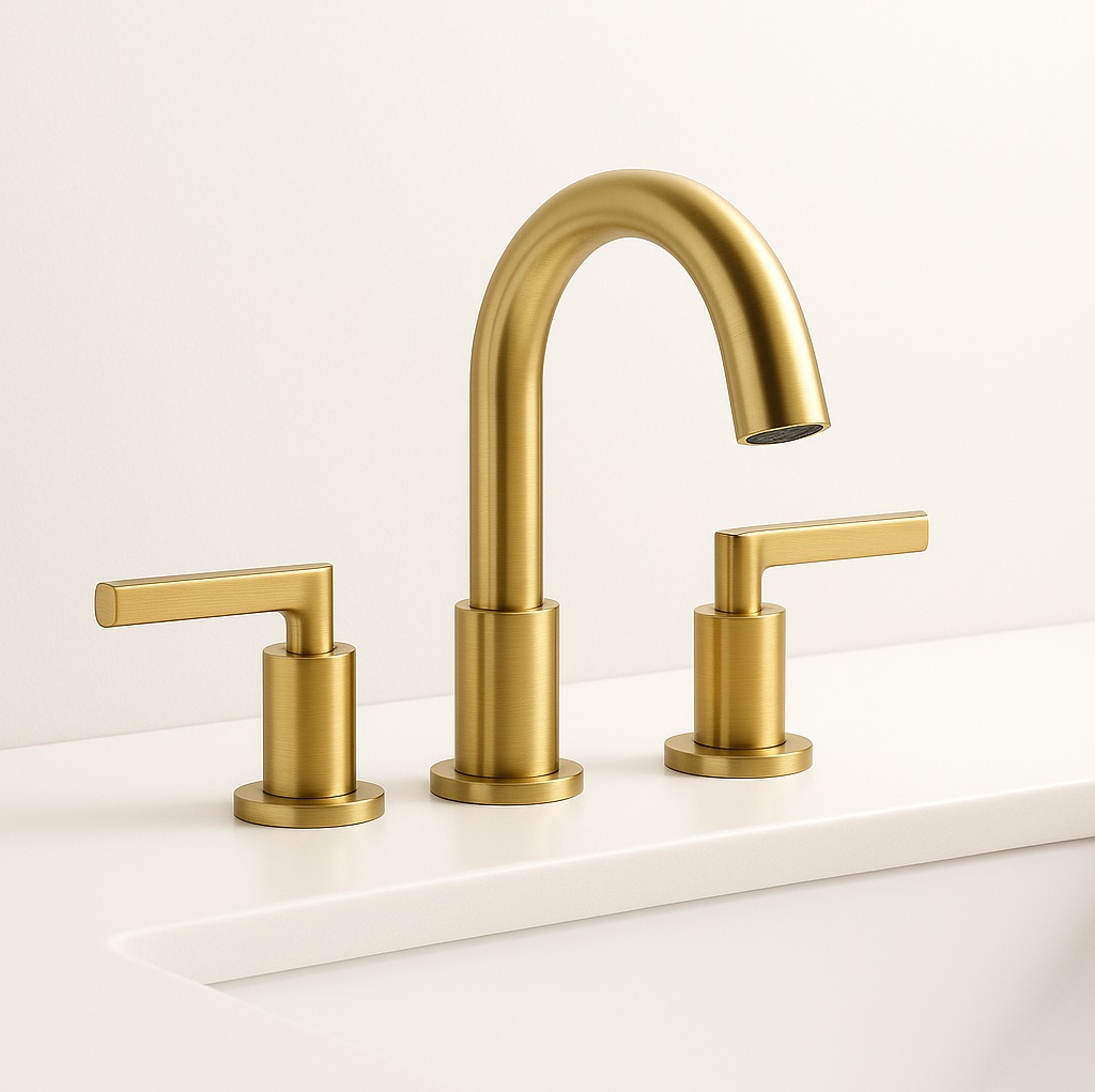 Fontana Luarca brushed gold three hole bathroom sink faucet on three-hole deck
